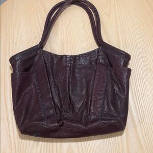 40 miles Chic Dark Brown Leather Shoulder Bag blue stitches pockets, purse.